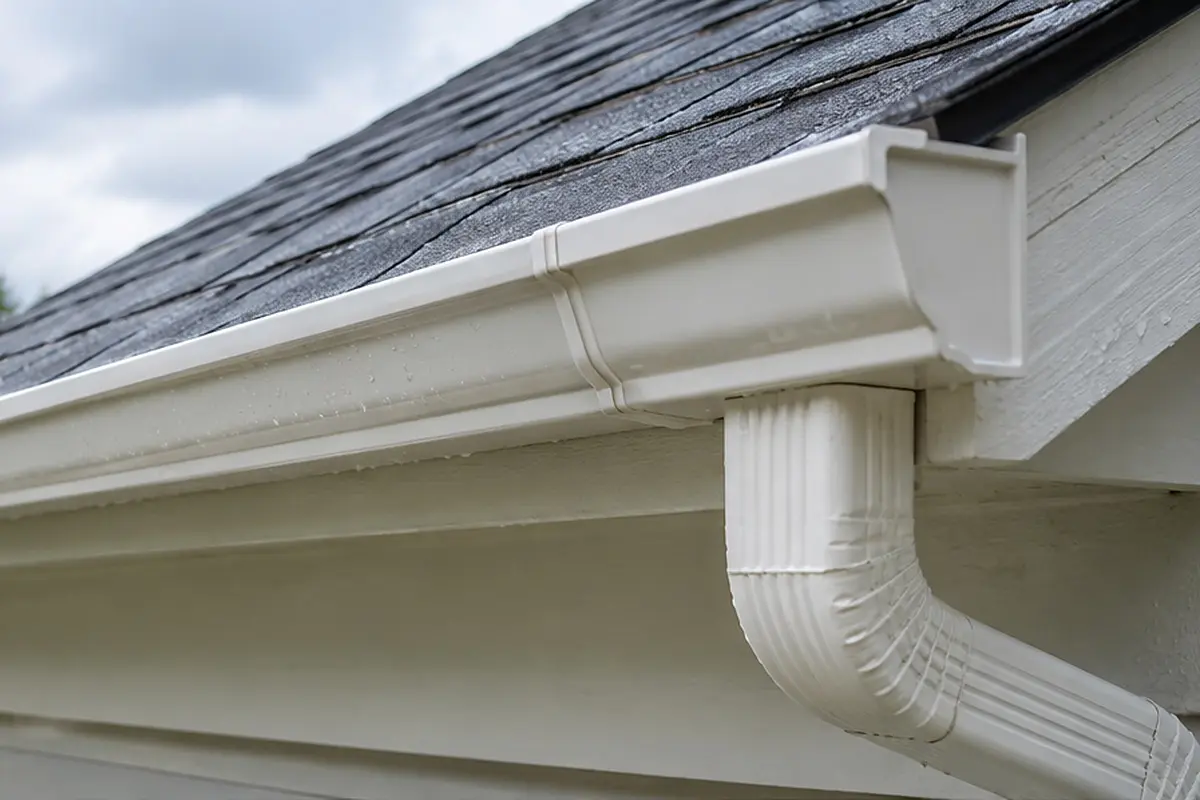 White rain gutter and downspout at the corner of an asphalt-shingle roof.