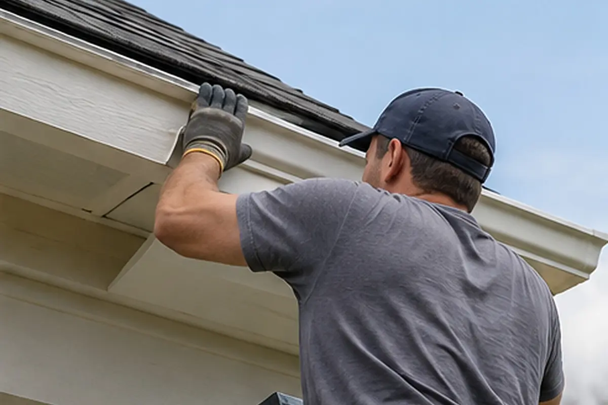 Worker inspecting a white gutter beneath an asphalt-shingle roof.