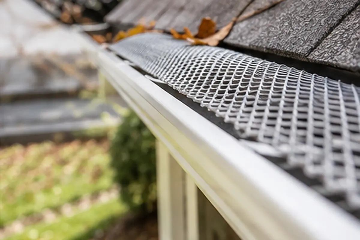 Metal mesh gutter guard covering a white gutter below asphalt shingles.