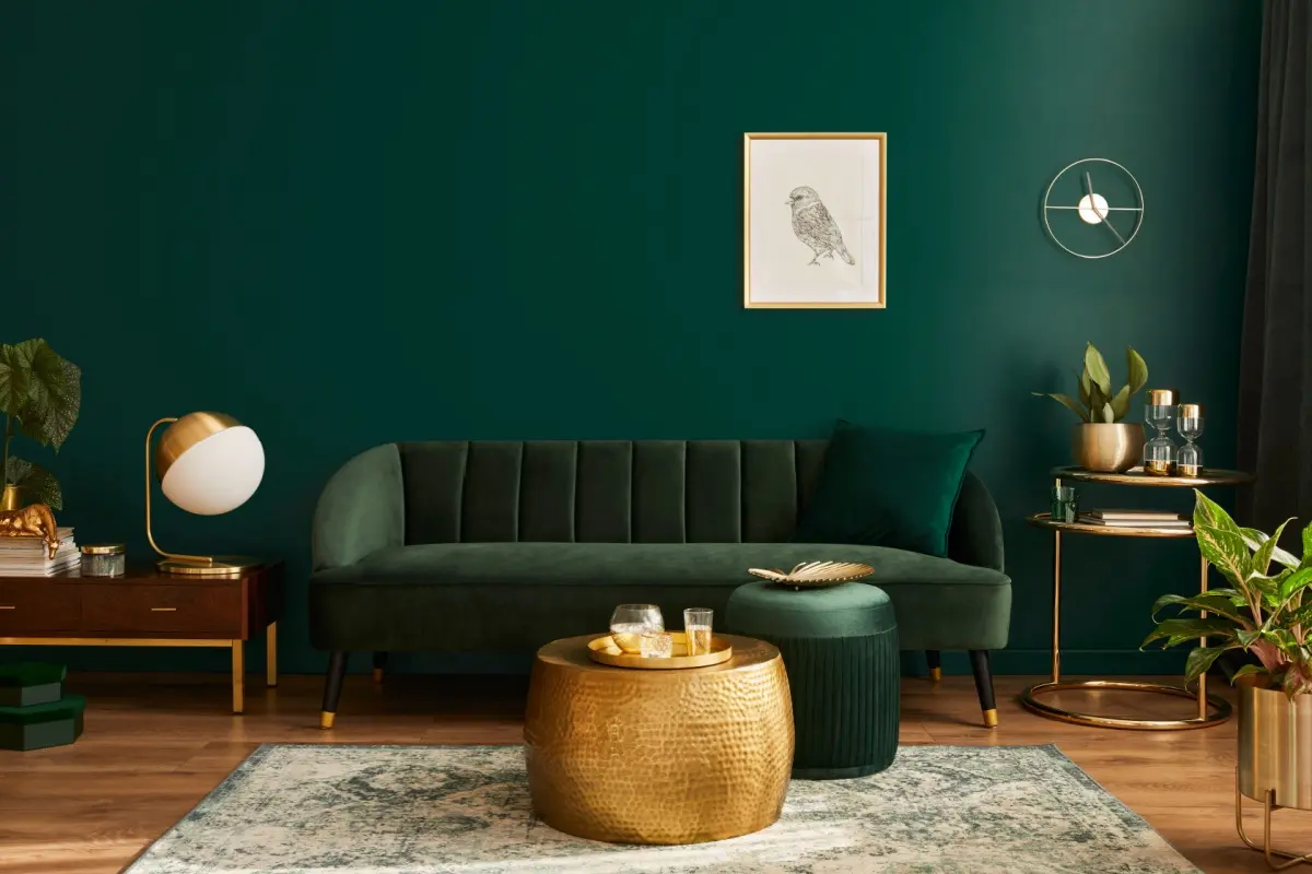 Modern green living room with  a carpet in the middle of it 