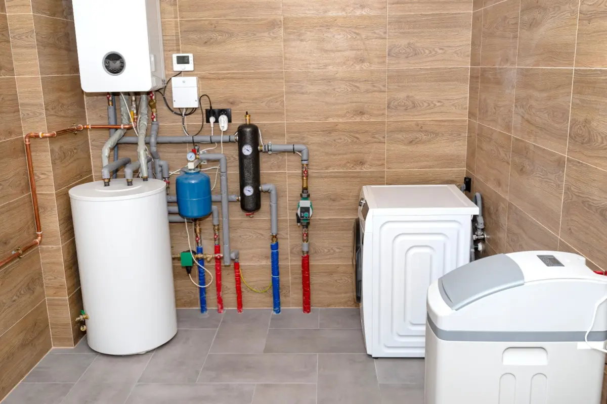 A home utility room with a water heating system, a boiler on the wall and a water softener.