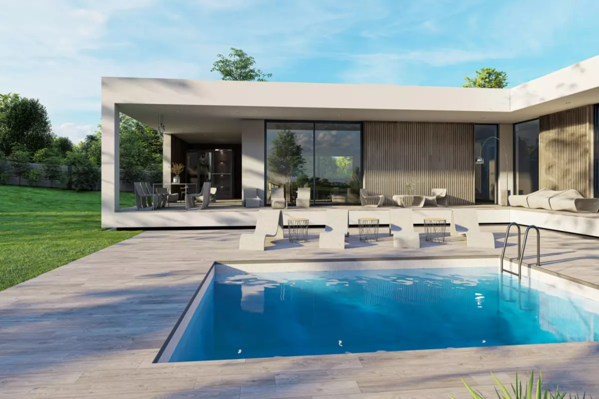 Modern backyard with a concrete pool, stylish lounge chairs, and a contemporary home