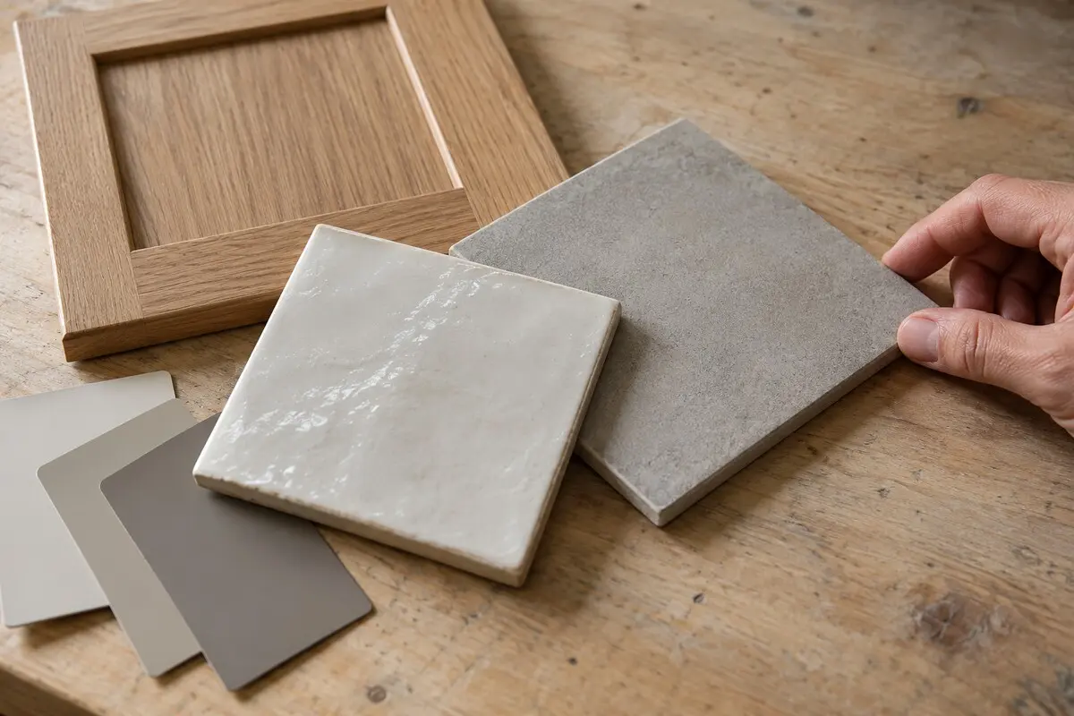 Tile, cabinet, and paint samples for a bathroom project.