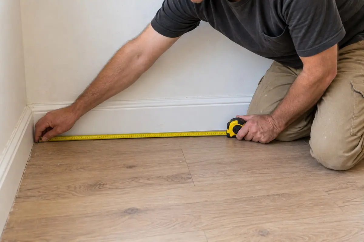 Contractor using a tape measure along the baseboard of an empty room.