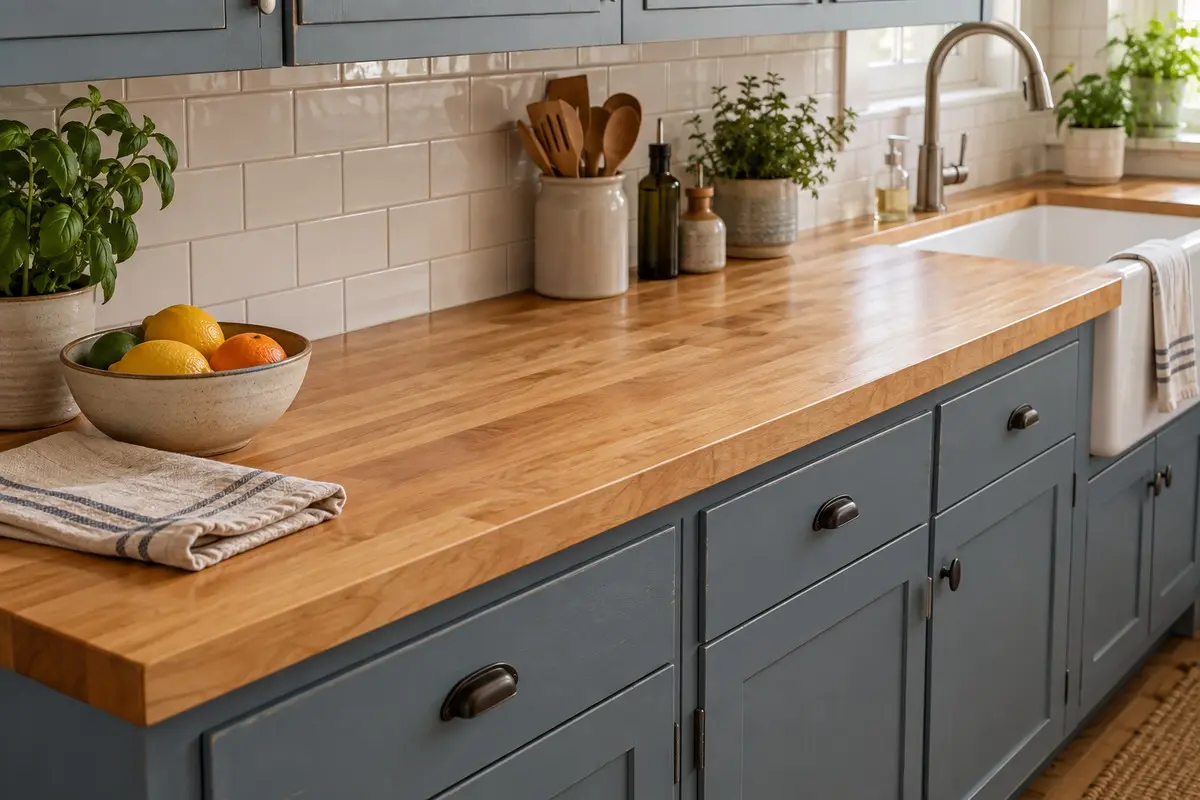 Butcher-block countertop above blue kitchen cabinets beside a white farmhouse sink.