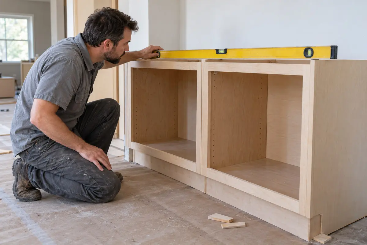Installer checking the level of unfinished base cabinets before countertop installation.