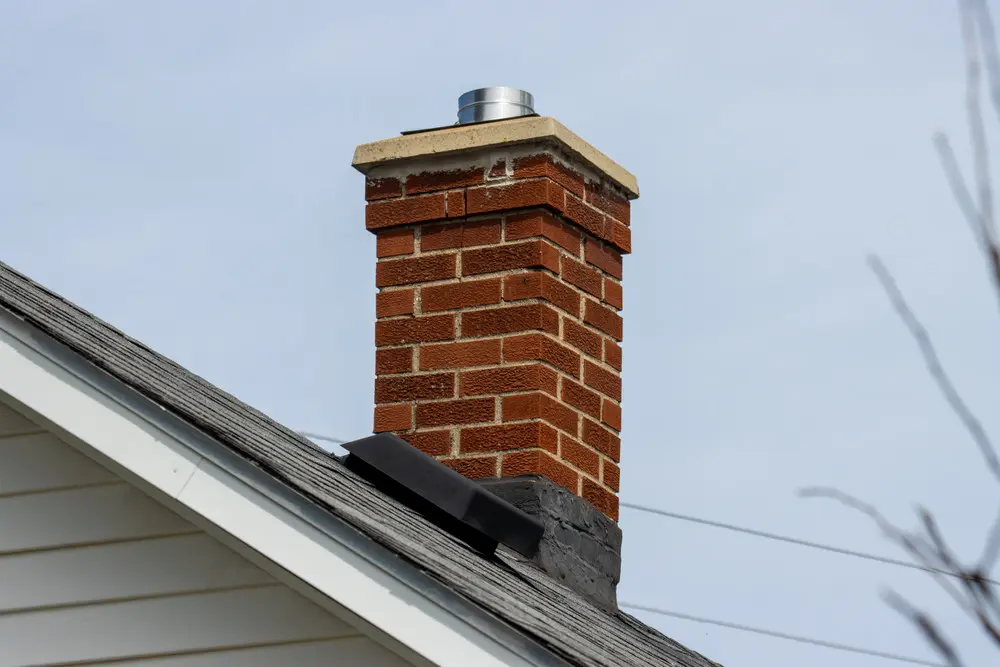Red brick chimney with a concrete crown on an asphalt-shingle roof