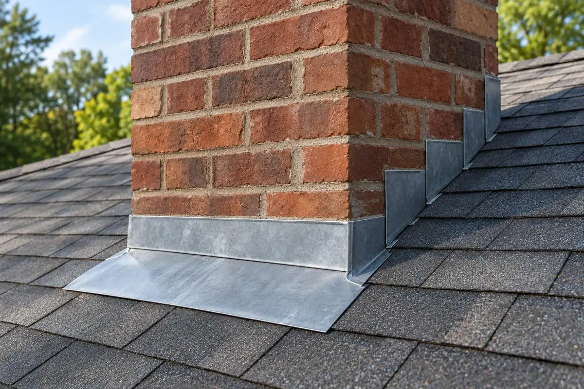 Metal flashing around a brick chimney on an asphalt-shingle roof.