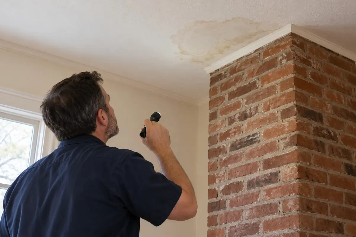 Inspector examining a ceiling water stain beside a brick chimney.