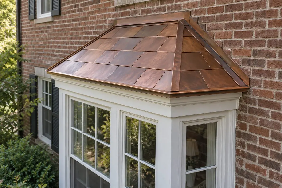 Copper roof made from small rectangular panels above a bay window on a brick home.