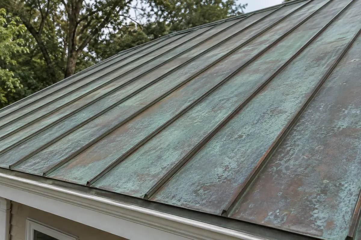 Weathered standing-seam copper roof with green and brown patina.