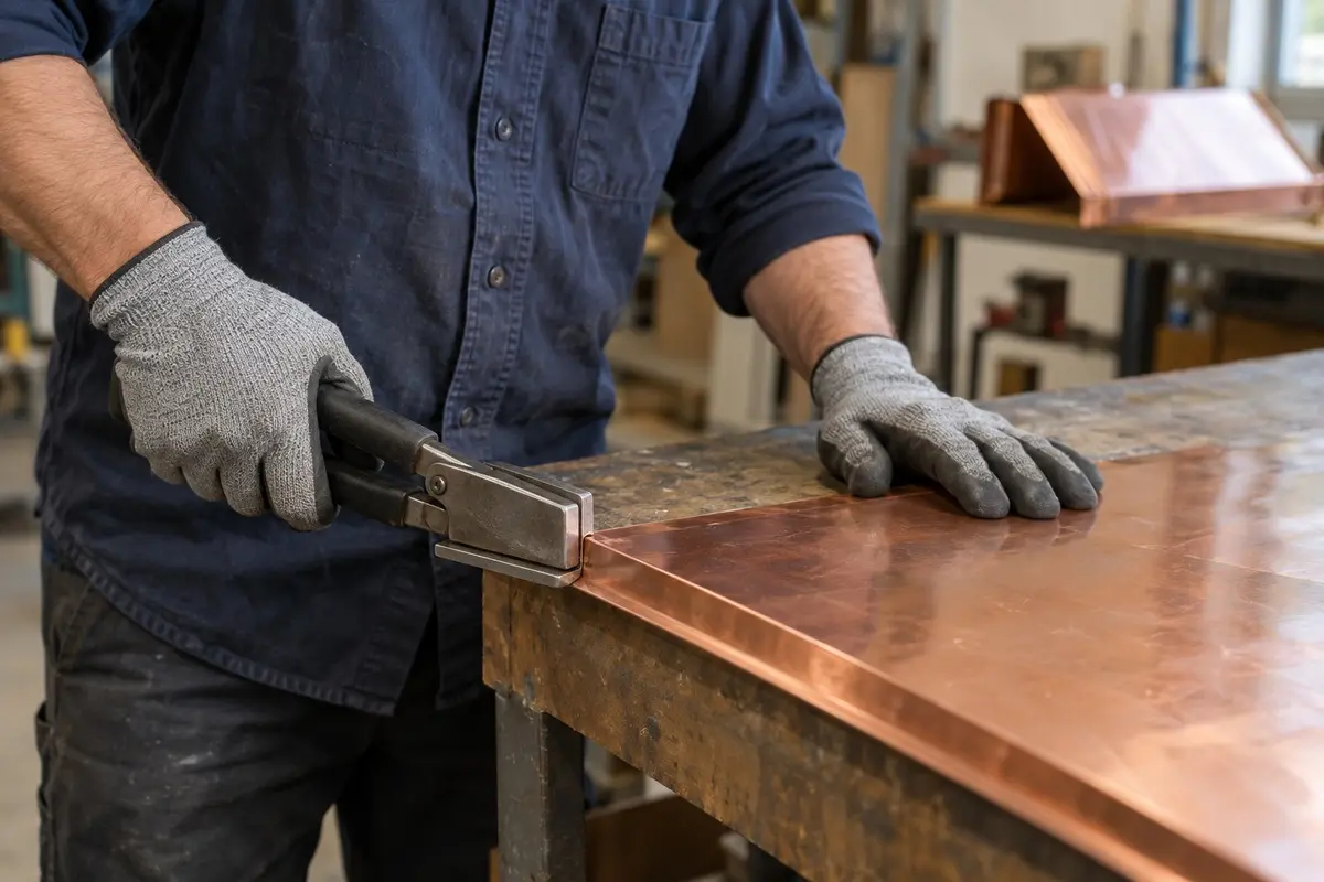 Metalworker using a hand seamer to fold the edge of a copper roofing panel.