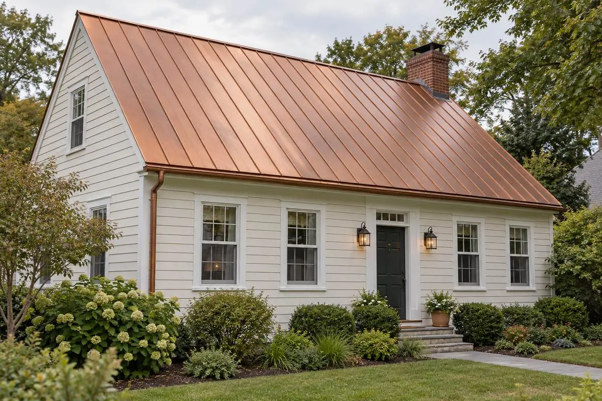 Standing-seam copper roof on a cream-sided home with a landscaped front yard.