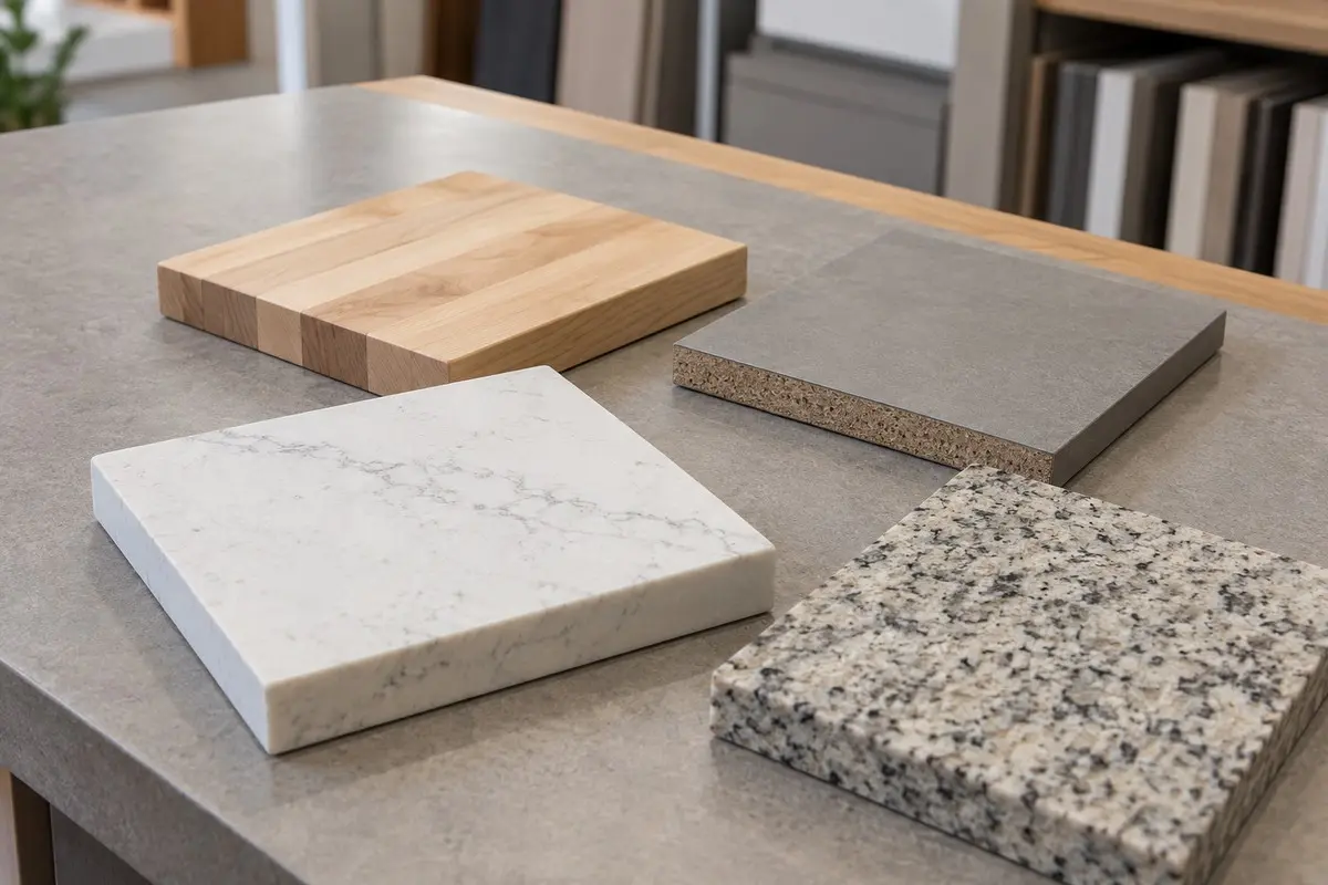 Four countertop samples with wood grain, gray laminate, light veining, and a speckled stone pattern.