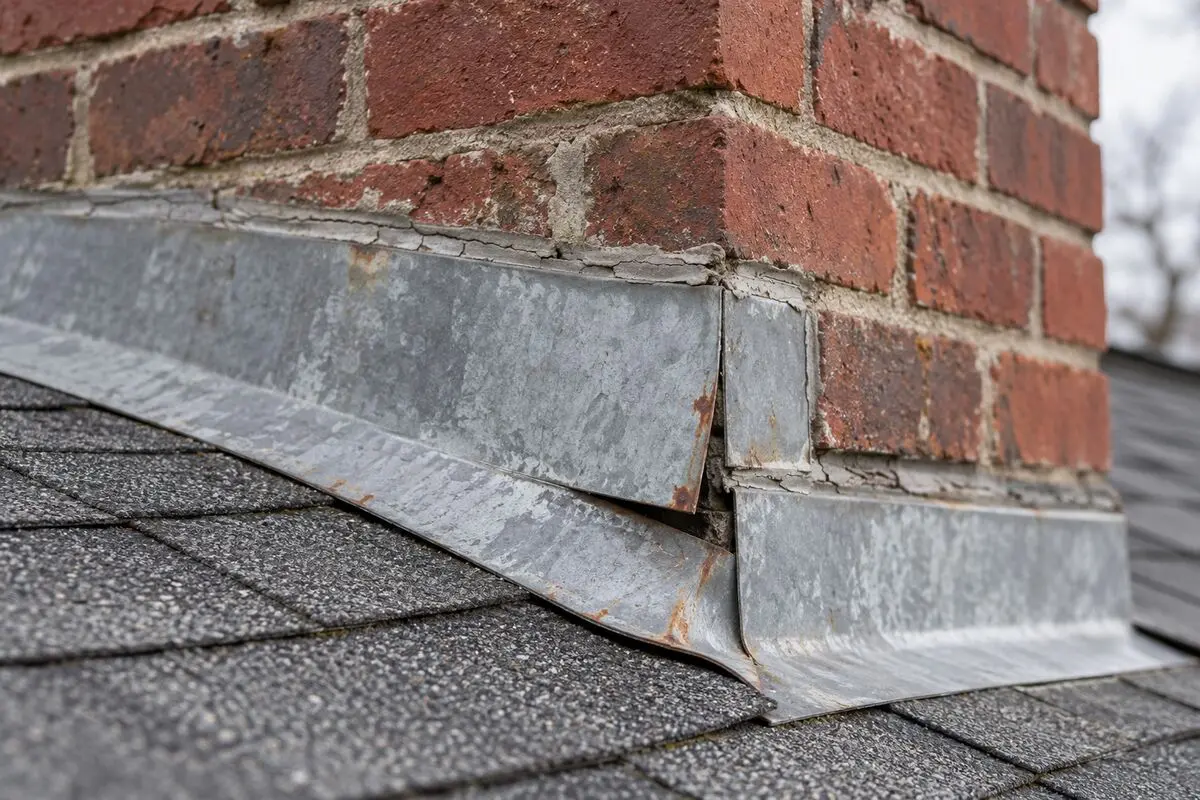 Loose chimney flashing with cracked sealant and small rust patches.