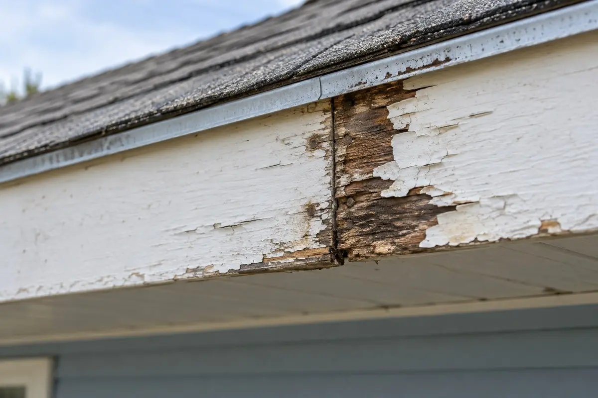 Peeling paint and deteriorated wood on an exposed fascia board beneath the roof edge.