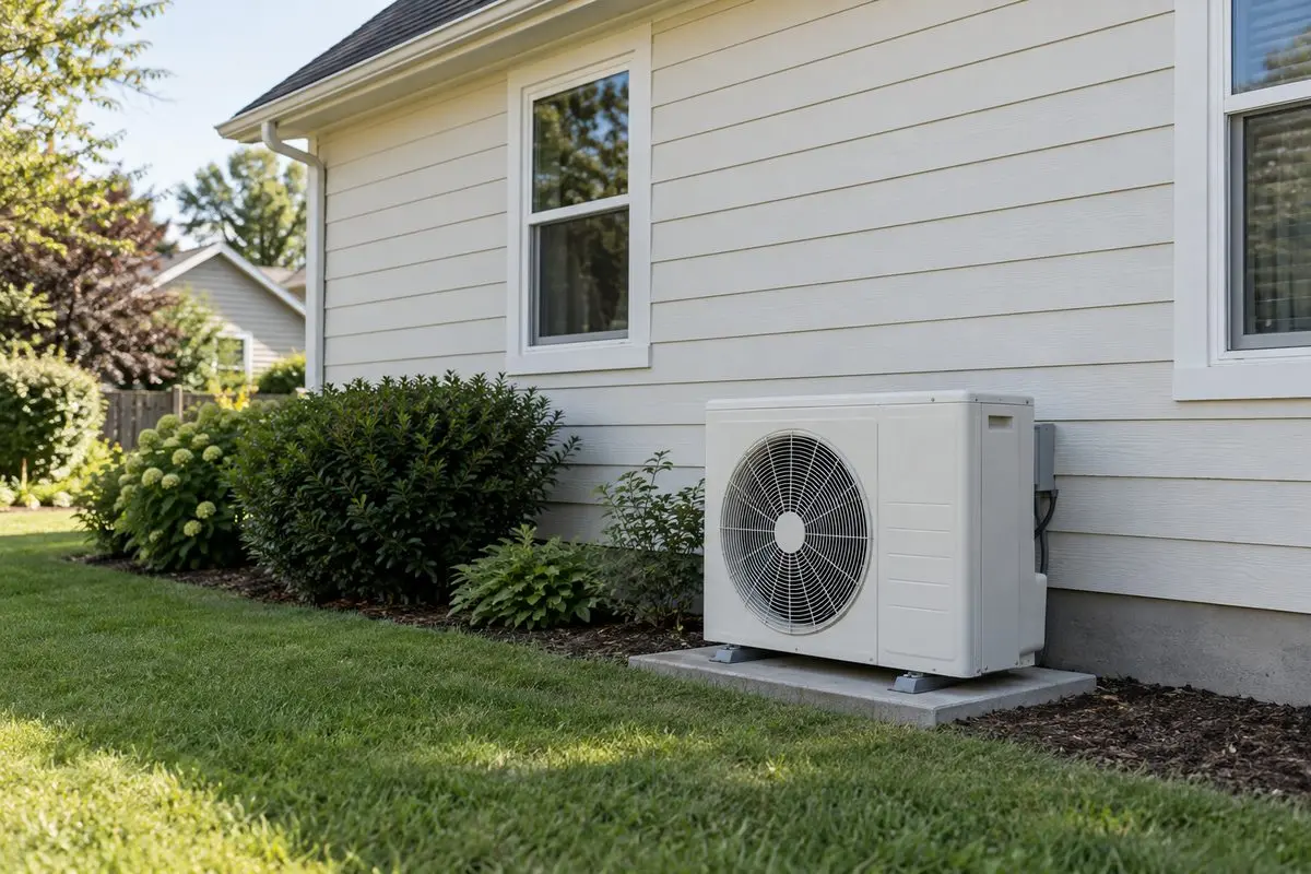 Outdoor heat pump beside a home with cream siding and white-framed windows.