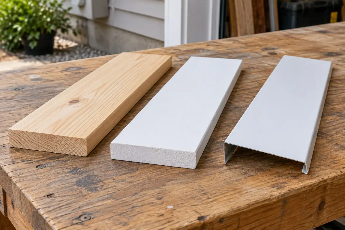 Wood and white trim boards beside a thin formed metal fascia cap on a workbench.