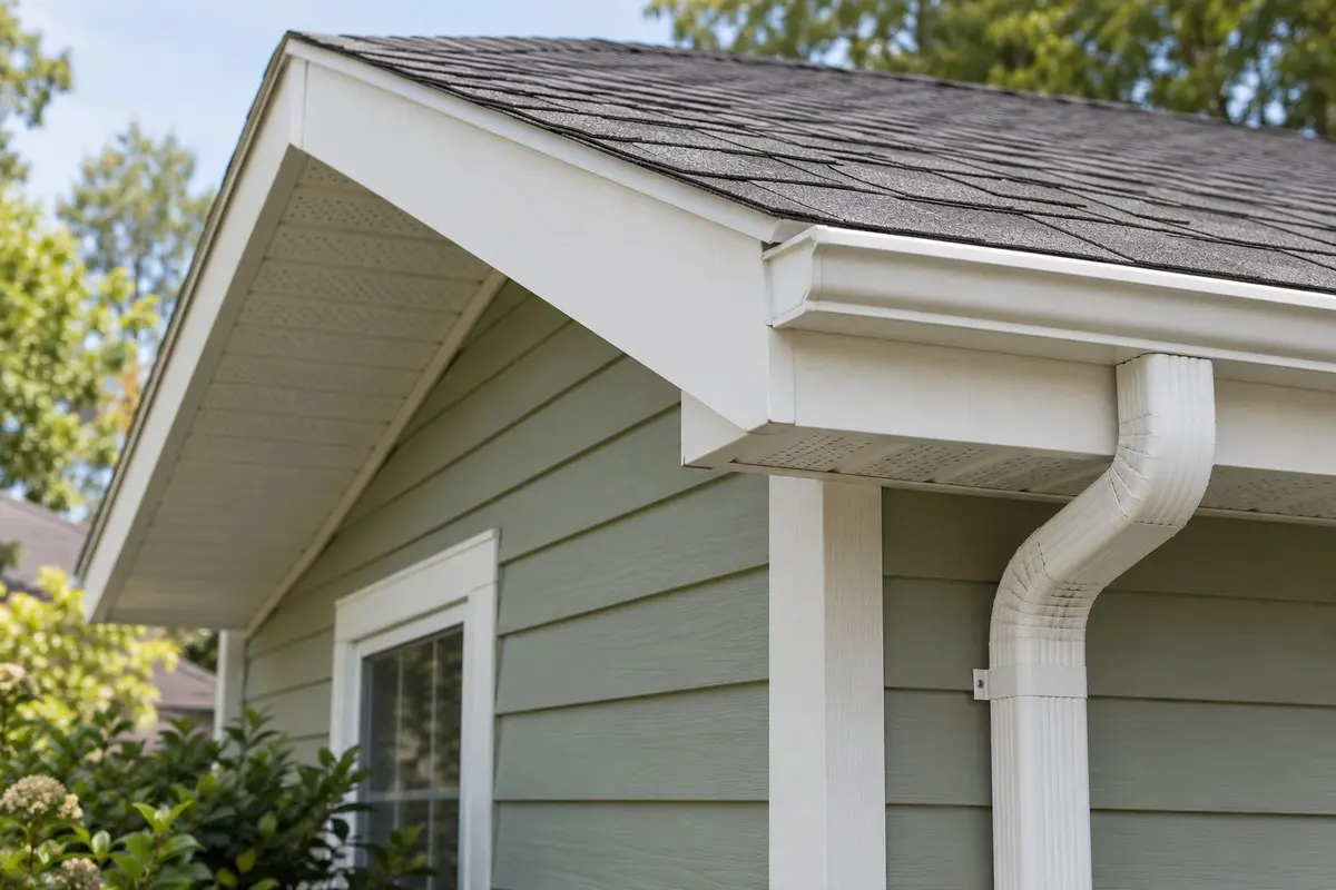 White fascia board beneath a gutter, with a downspout at the corner of a house.