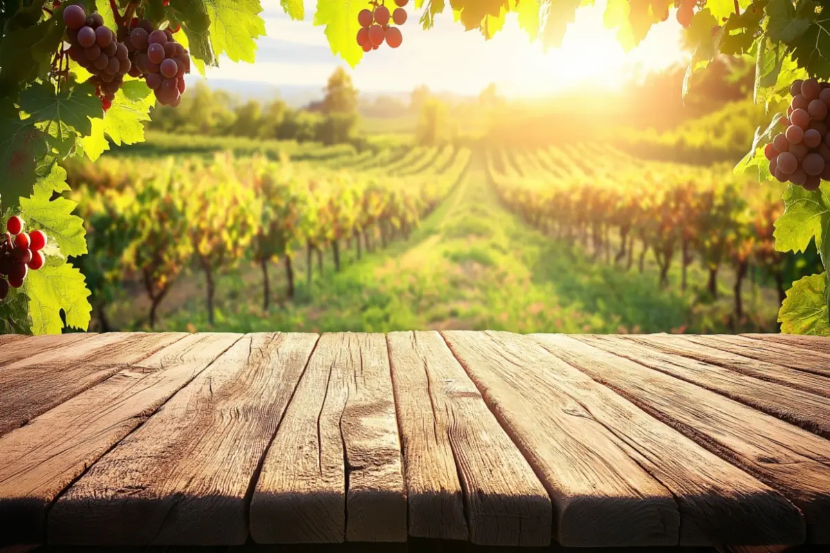 Vineyard grapes on a trellis with a rustic wooden table