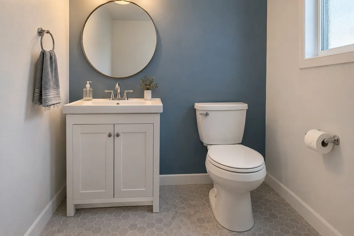 Small half bathroom with a white vanity, toilet, and blue walls.