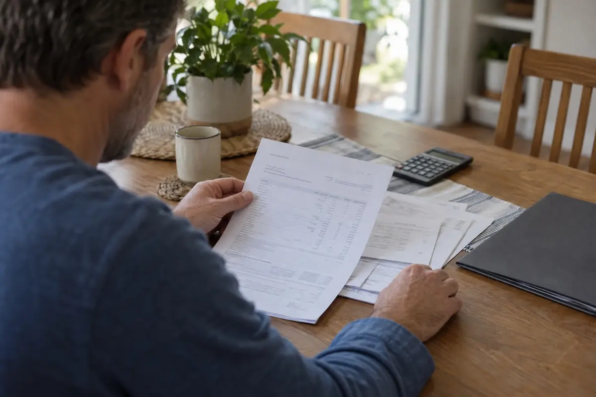 Homeowner reviewing home improvement paperwork at a dining table with a calculator and folder.