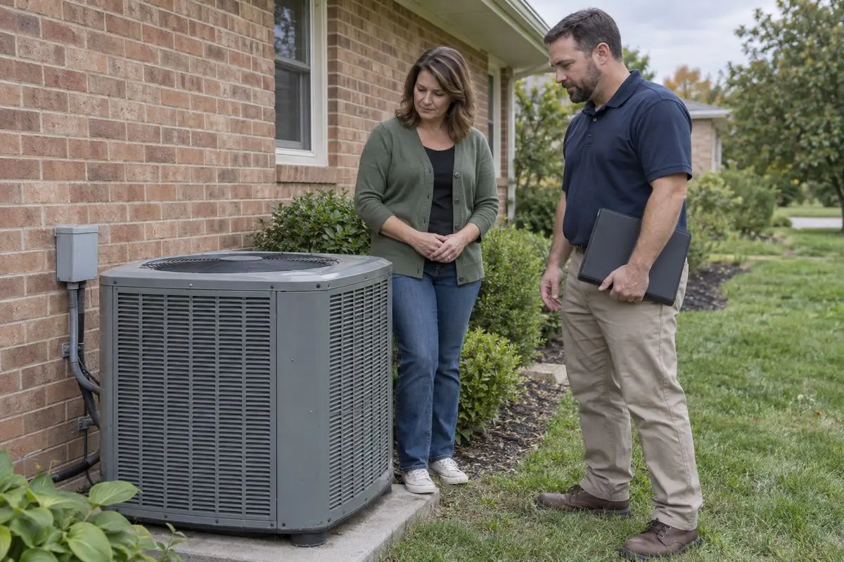 Homeowner and HVAC contractor discussing an outdoor heating and cooling unit beside a brick home.