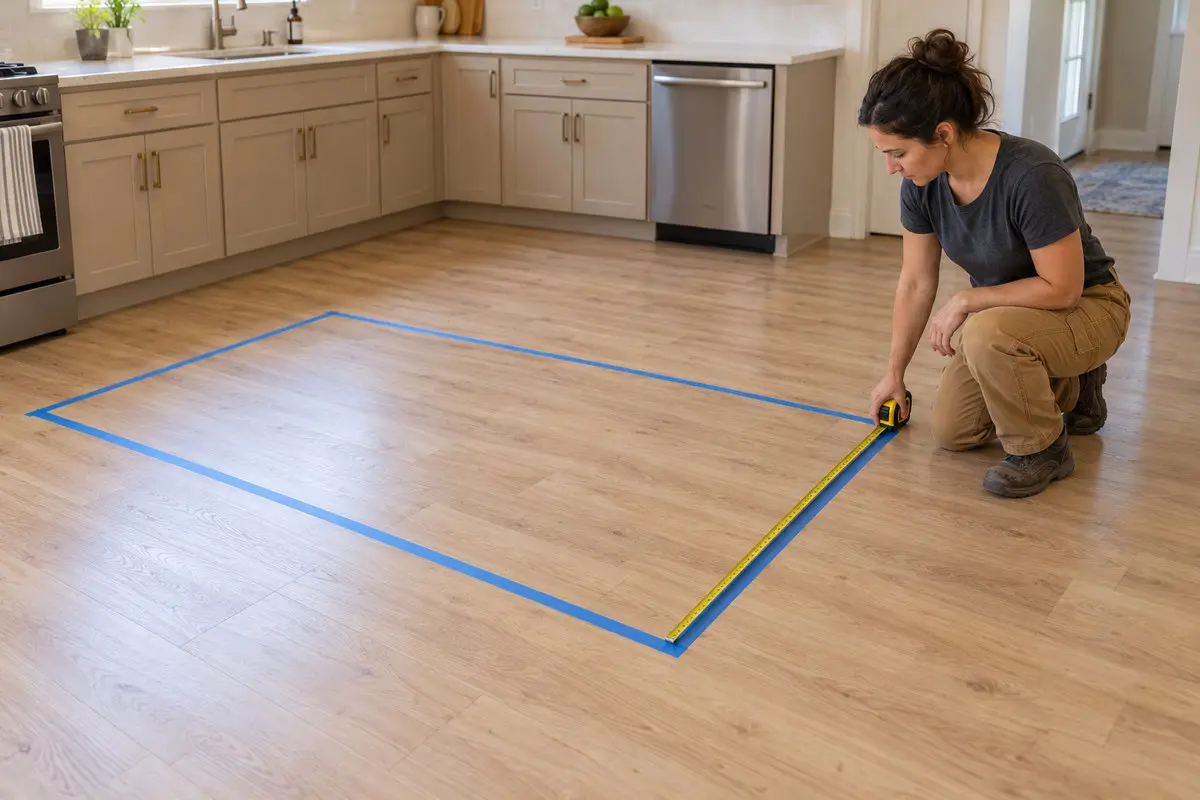 Installer measuring a kitchen island footprint marked with blue tape.