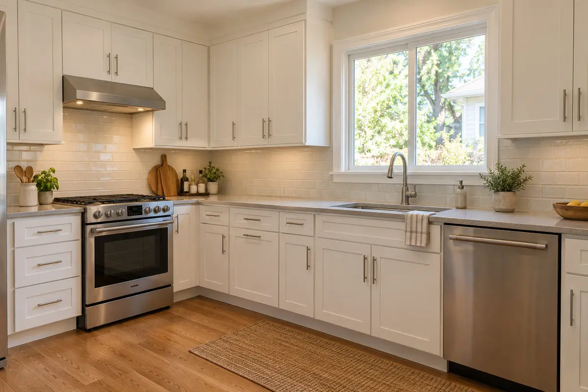 Kitchen with white Shaker cabinets, light countertops, and wood flooring.