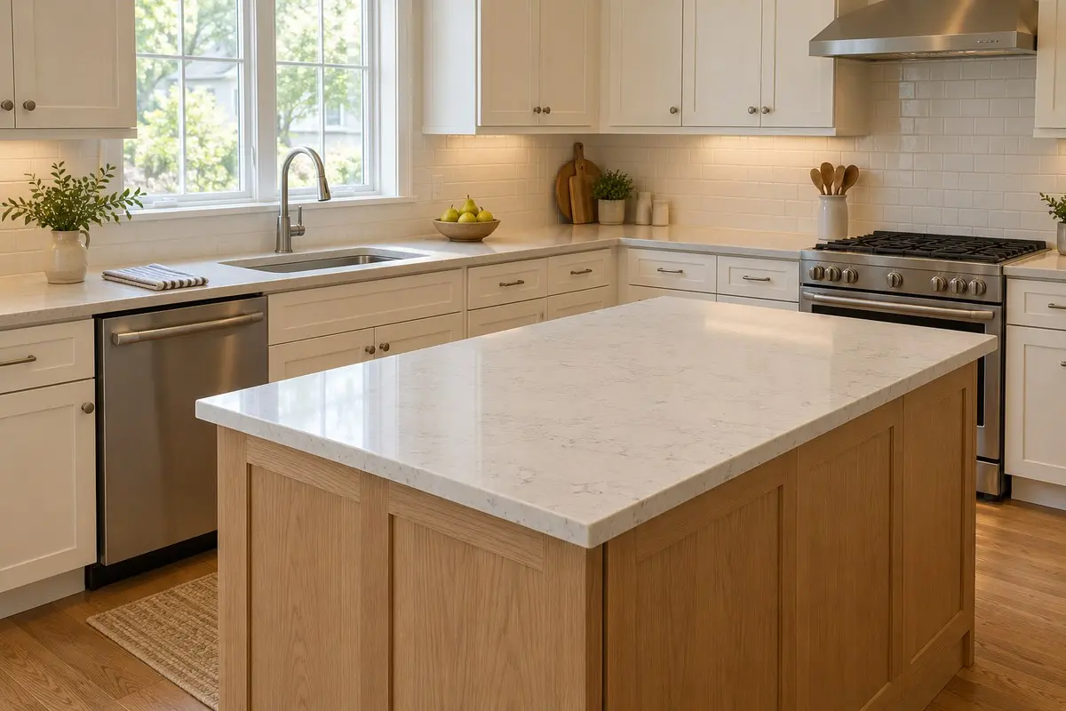 Light-colored countertops in a kitchen with white cabinets and an oak island.