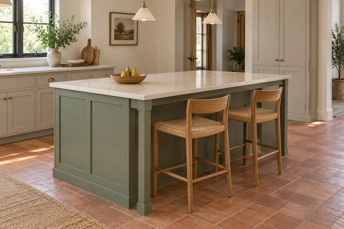 Sage-green kitchen island with a light countertop and seating for two.