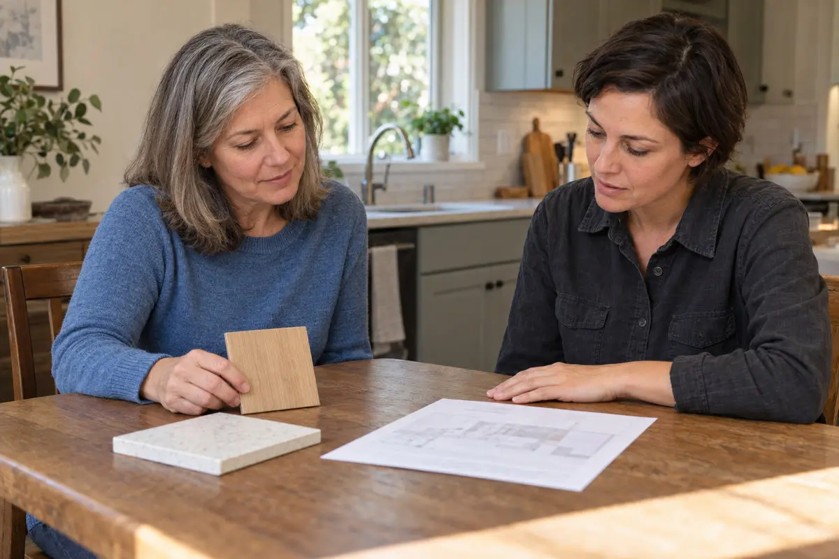 Homeowner and remodeling professional reviewing kitchen material samples and project paperwork.