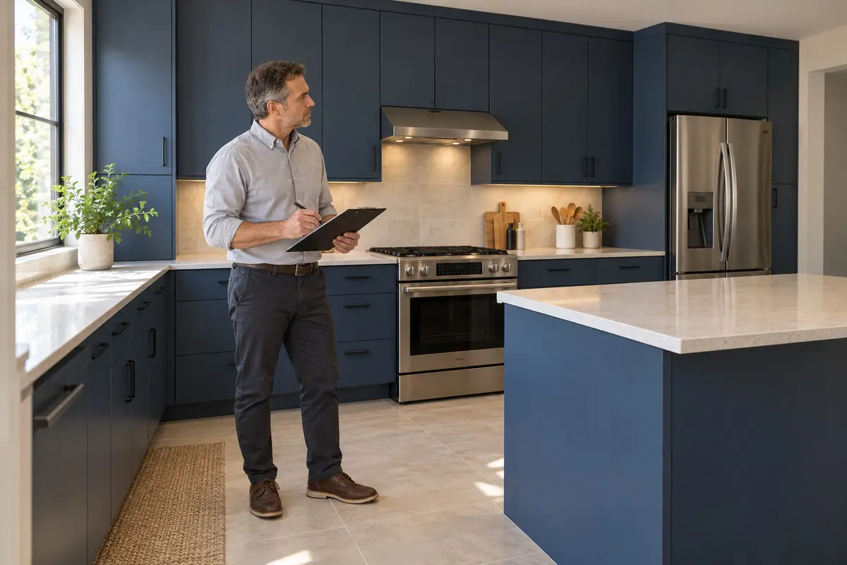 Appraiser taking notes in a remodeled kitchen with navy cabinets and a center island.