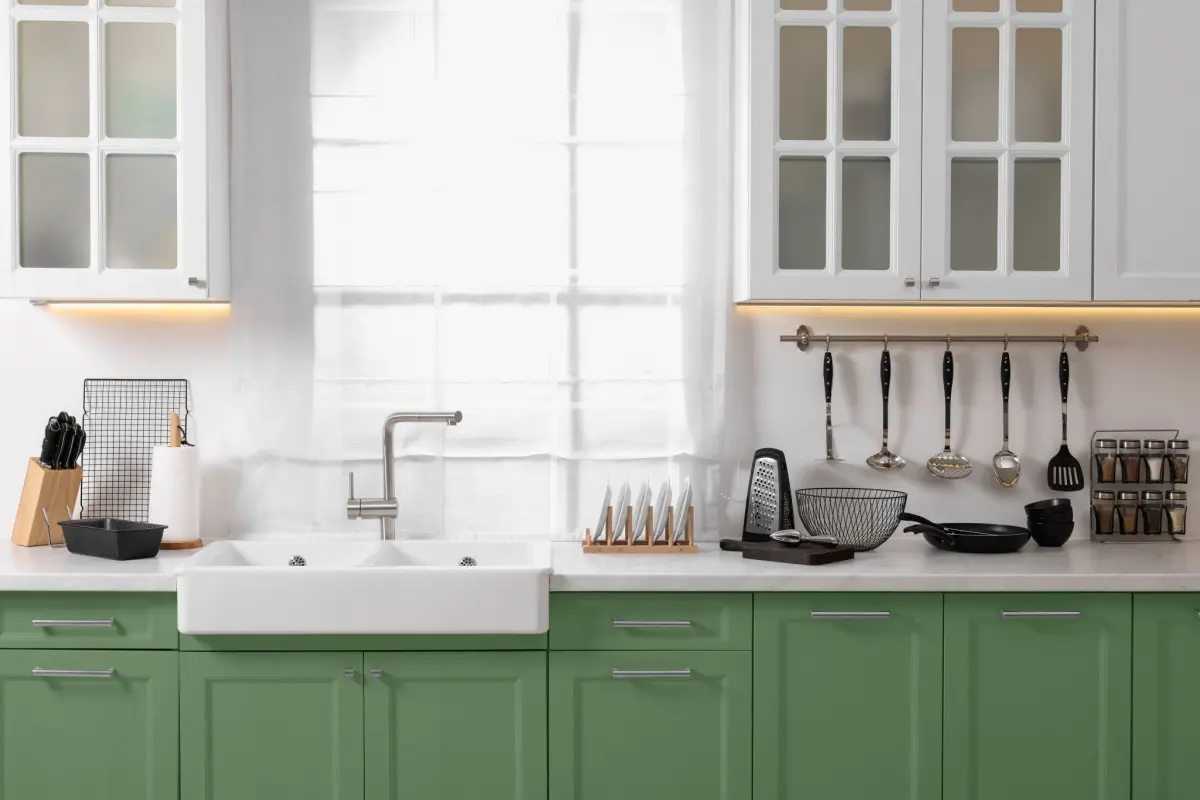 Kitchen interior with green cabinets 