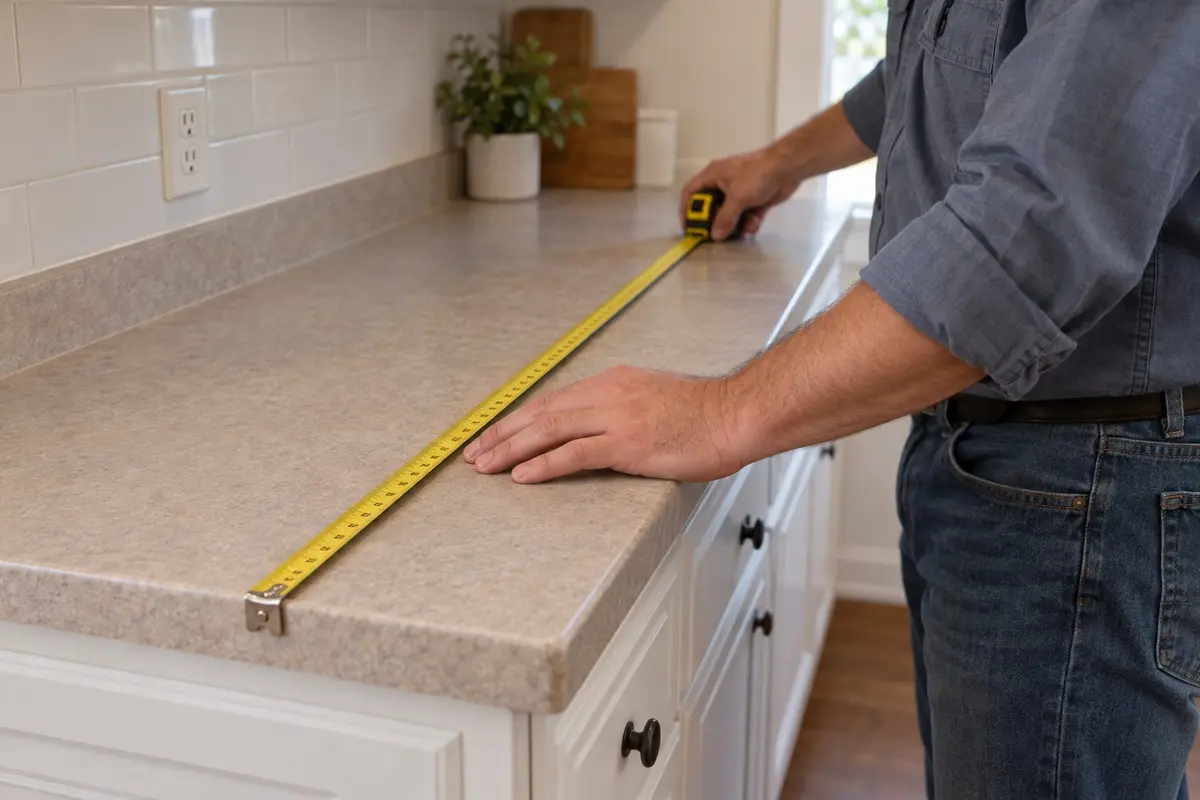 Installer measuring an existing kitchen countertop with a tape measure.