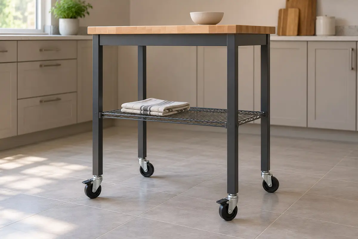 Portable kitchen cart with a butcher-block top, wire shelf, and locking wheels.