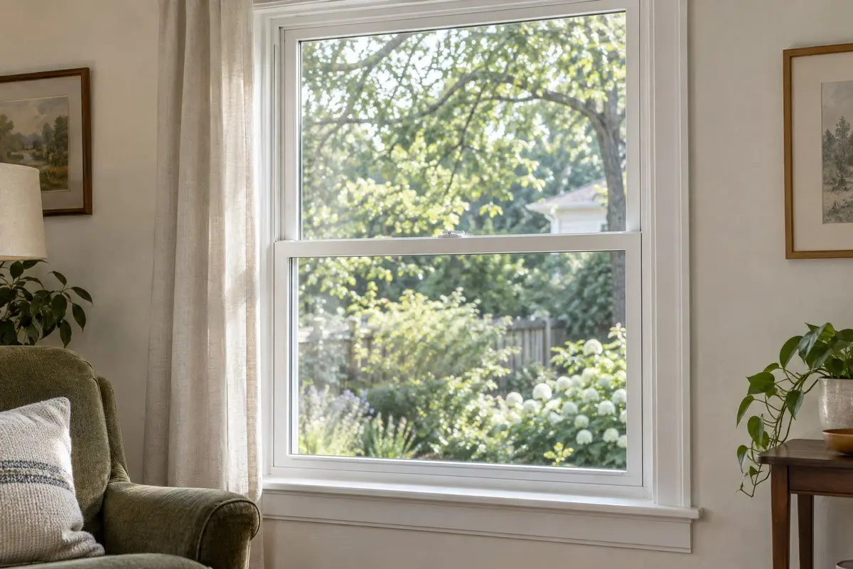 White-framed window beside an armchair in a sunlit living room.