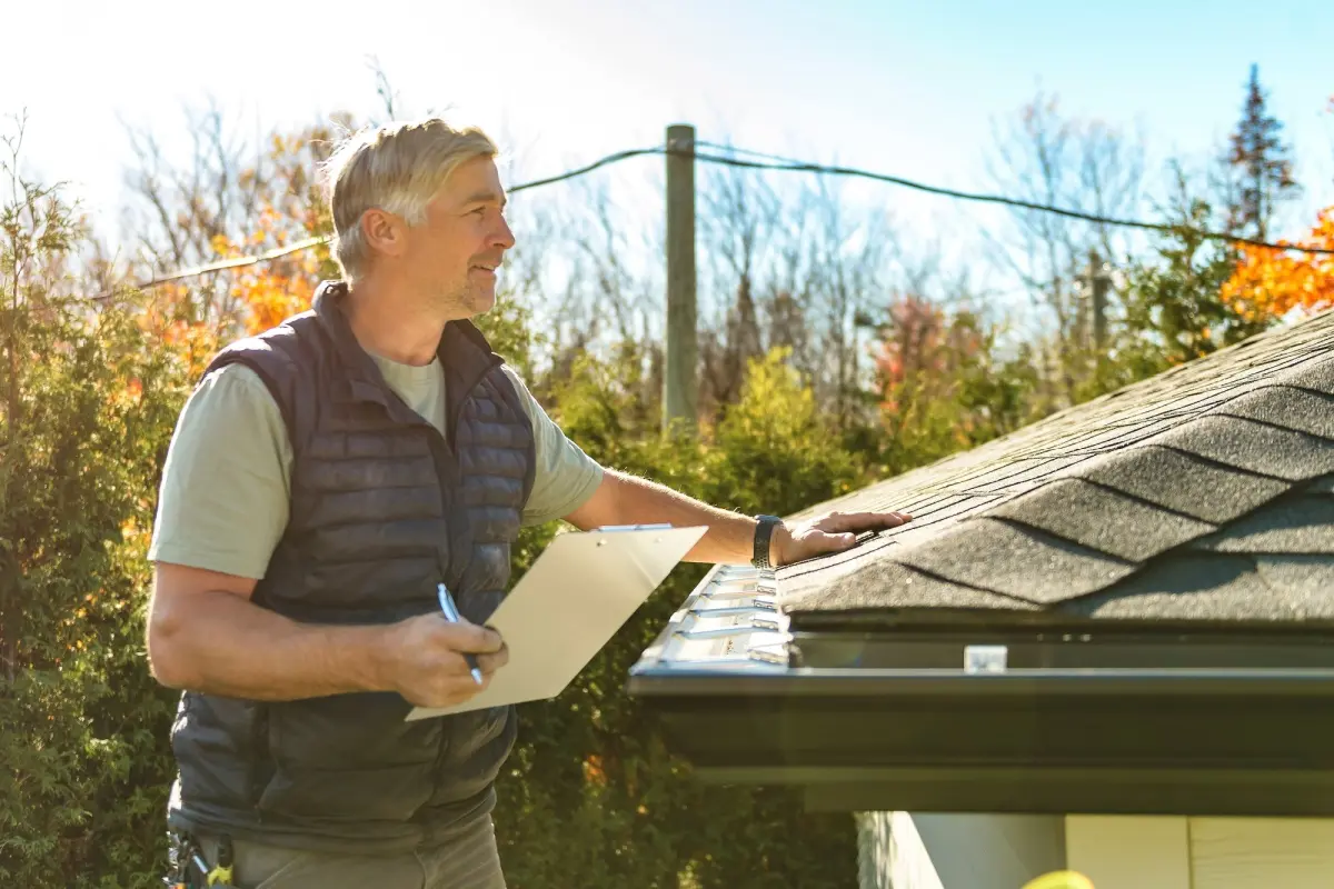 Roof repair contractor looking at roof.
