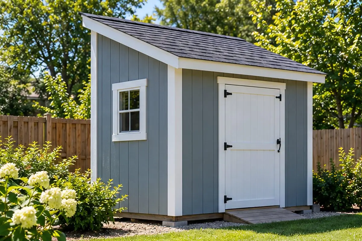 Gray backyard shed with a dark asphalt shingle roof, white trim, and surrounding greenery.