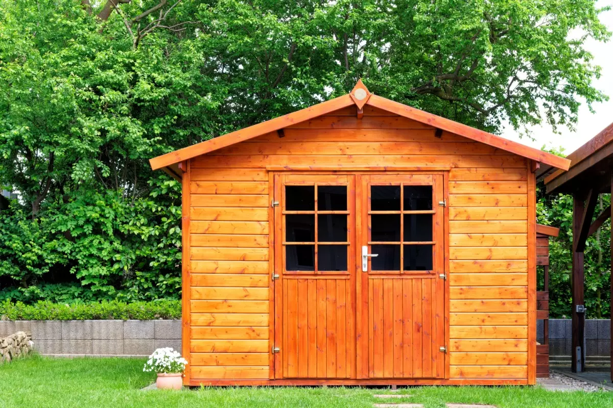 Outside shed on green lawn