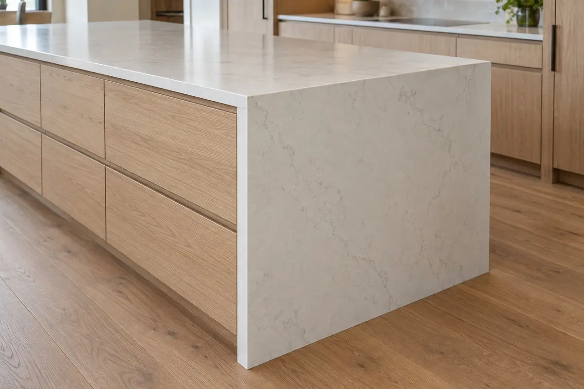 Light-colored waterfall countertop extending down the end of an oak kitchen island.