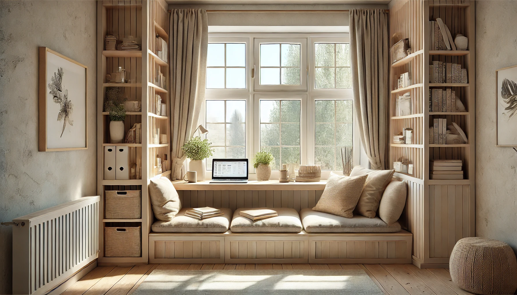 Window bench renovated into an office space