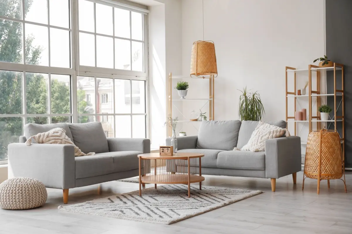 Interior of light living room with big windows, grey sofas, coffee table and lamps.
